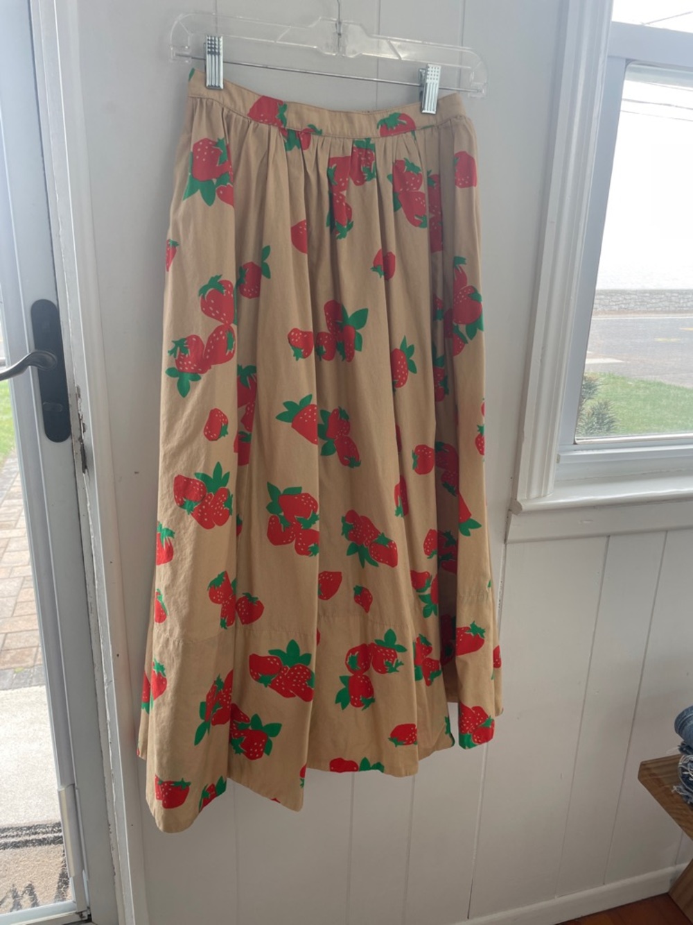Maeve Beige Midi Skirt with Red Strawberry Print